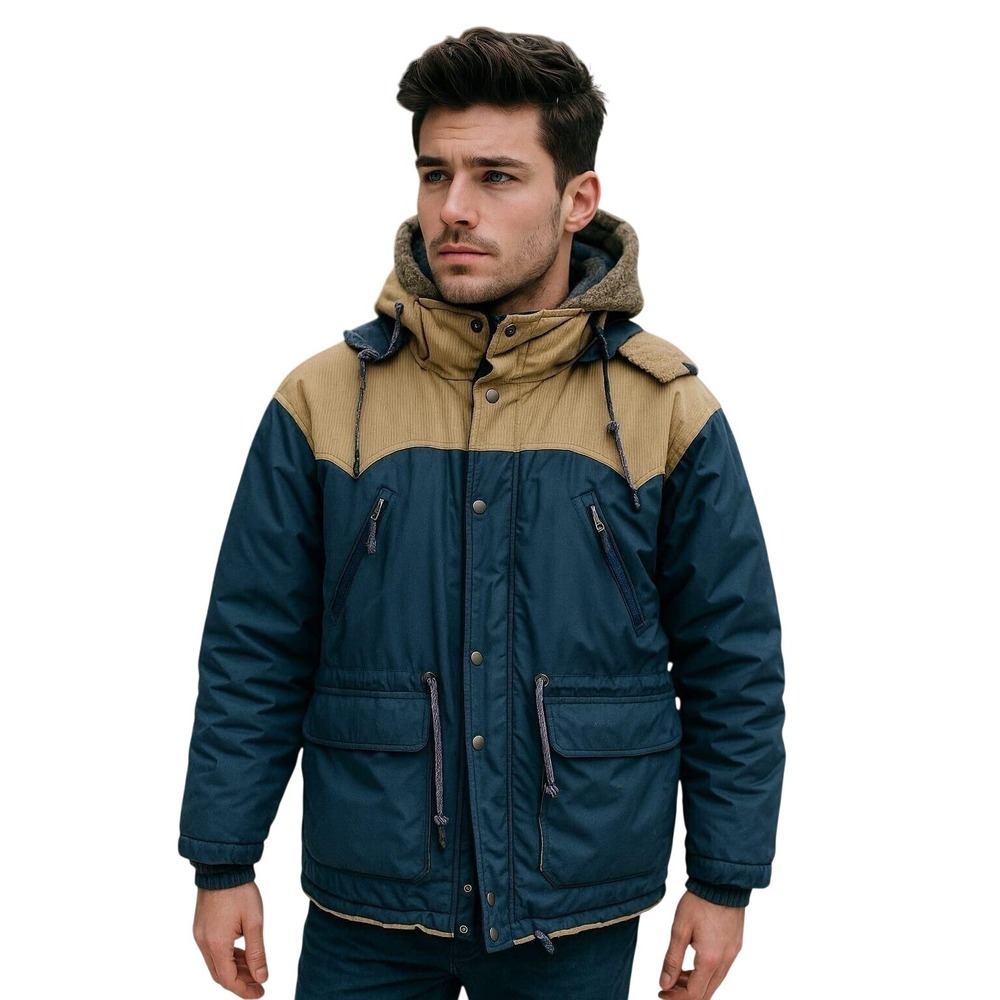 Vintage 80s/90s Carl‎ Michaels Parka Jacket Blue & Tan Corduroy Trim Hooded M